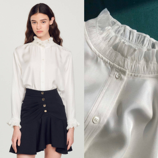 衬衫 花边领褶饰宽松利落百搭真丝长袖 女 风格 莲花白斜纹绸·法式
