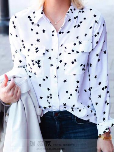 LS EQUIPMENT百搭EQ双口袋双绉衬衫长袖16mm小星星印花女蚕丝上衣