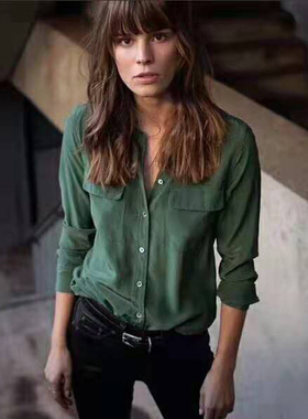 EQ韩雪新剧同款30​姆米弹力重‌绉ol上衣修身女长袖绿色真丝衬衫