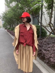 LS EQUIPMENT酒红色EQ真丝欧美法式桑蚕丝修身女通勤长袖衬衫上衣