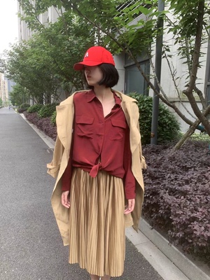 修身韩系单排扣长袖真丝衬衫