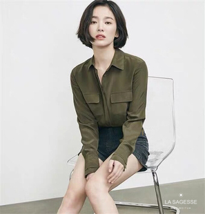 橄榄绿通勤长袖 双口袋真丝衬衫 女衬衣 小众早秋宋慧乔同款 欧美新款