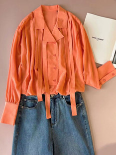 LS EQ宋慧乔同款真丝衬衫韩国欧尼西装翻领飘带落肩真丝双绉衬衣