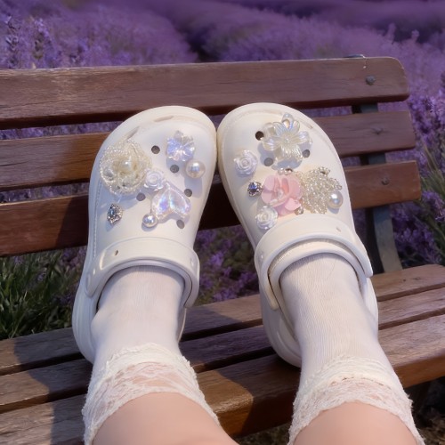洞洞鞋配饰仙女风手工串珠珍珠装饰鞋花甜美花朵鞋扣适配crocs