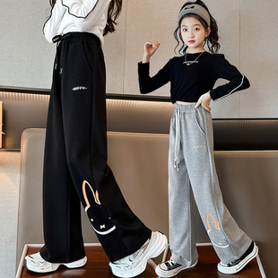 女童裤子春秋外穿2025新款中大童春季休闲加绒卫裤春款儿童阔腿裤