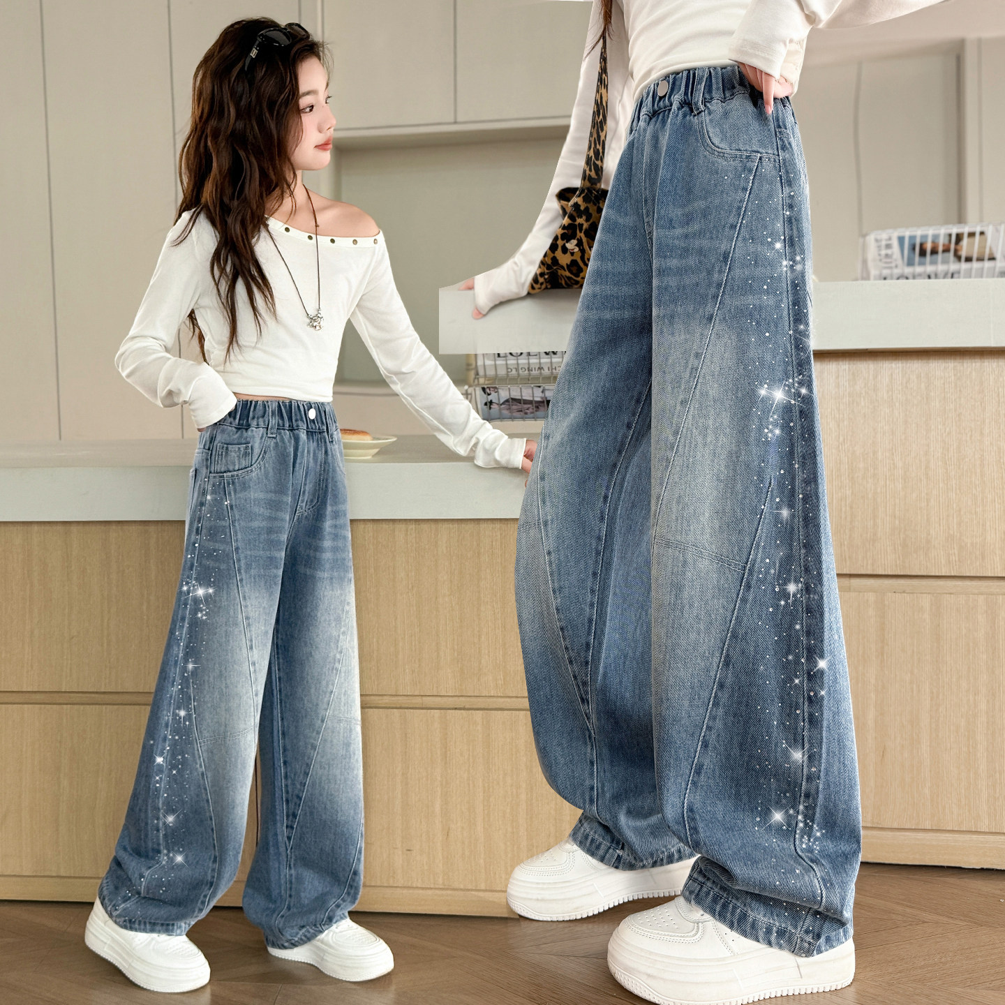 女童春秋牛仔裤2026新款韩版洋气星星图案弯刀裤松紧腰直筒长裤,童装/婴儿装/亲子装,裤子,淘宝优惠券,粉丝福利购,淘宝优惠卷