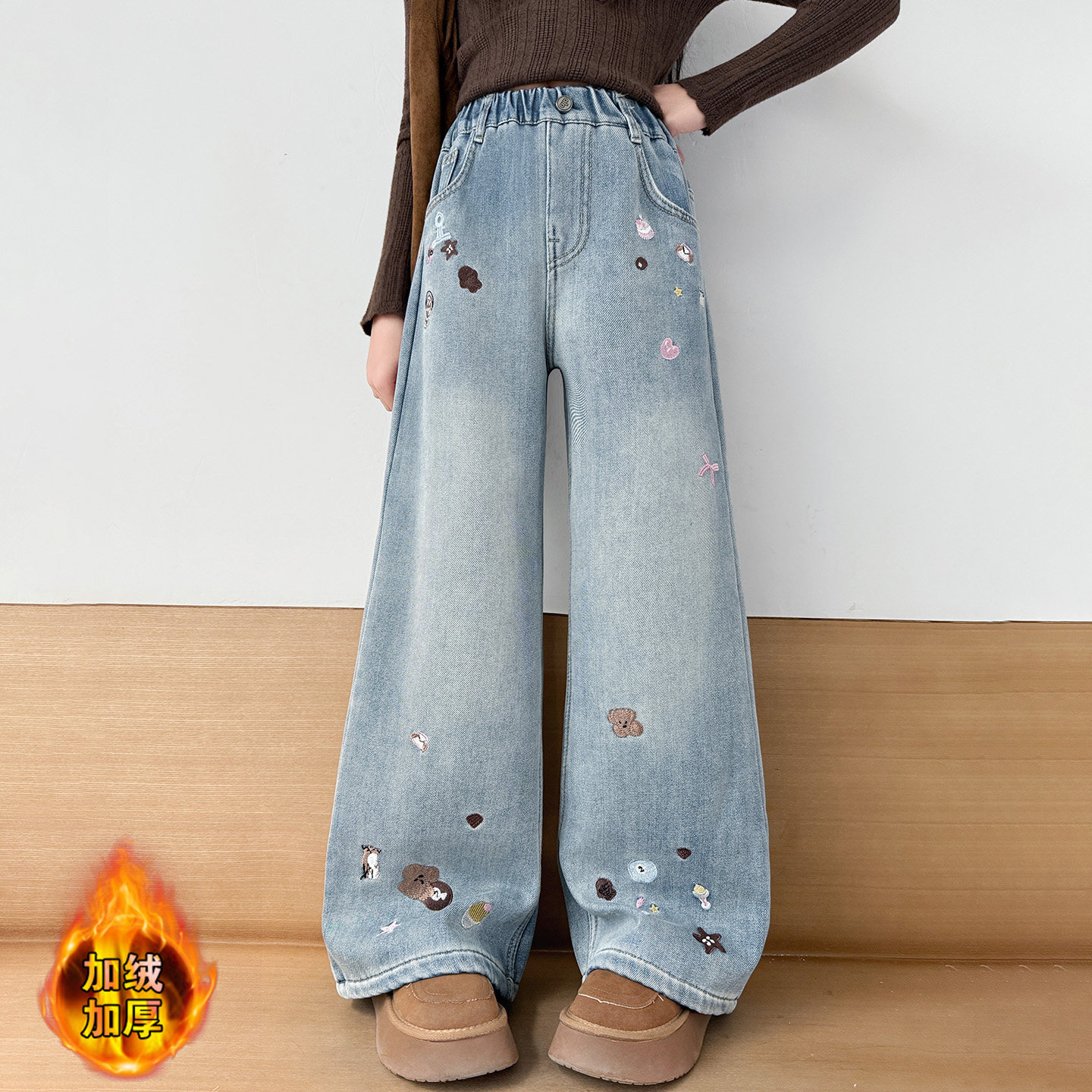女童加绒牛仔裤中大童儿童裤子