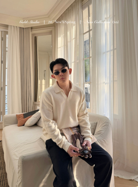 GAHKSTUDIO 26早春新款 新贵风高级简约100羊毛polo奶油暖男色 厚