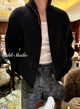 GAHKSTUDIO【碎钻闪闪】bling立领拉链毛衣外套 加厚保暖