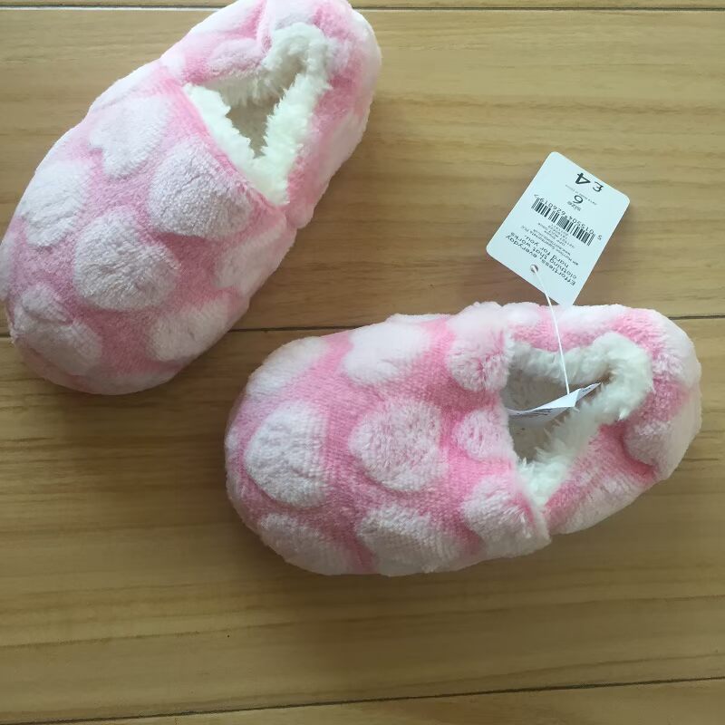 外贸出口 婴童毛绒波点居家棉拖鞋室内防滑加厚保暖懒人毛毛鞋