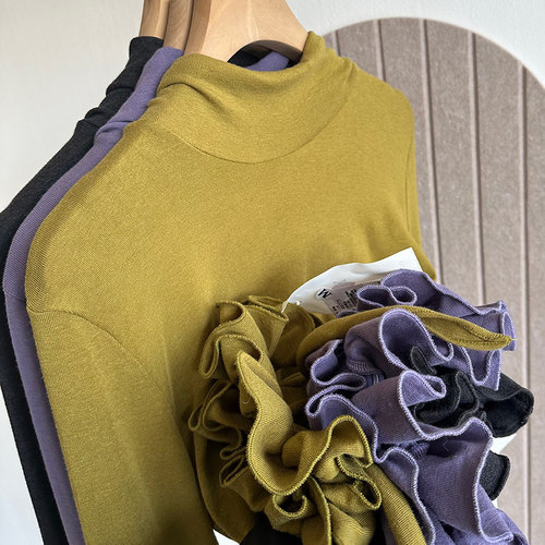 花边木耳边长袖修身显瘦女T恤