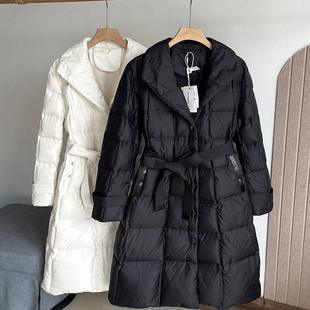 鹅绒服大气大翻领通勤气质系带中长款羽绒服女收腰显瘦保暖外套