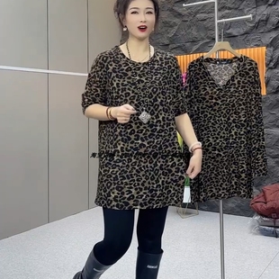 中长款时尚豹纹大版衫2025春季女生新款v领长袖休闲打底百搭上衣