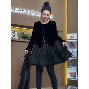 大码女装2026秋季新款韩版时尚圆领加肥加大码遮肉显瘦连衣裙女潮
