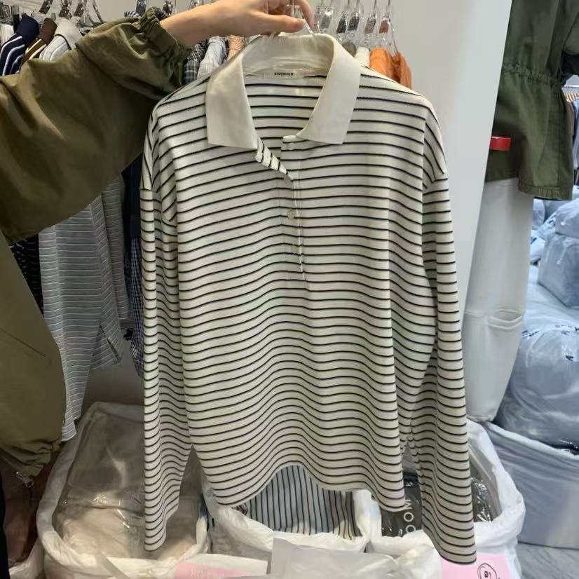 一件包邮lulu韩国代购 riveroom 简约韩版条纹Polo领百搭长袖T恤