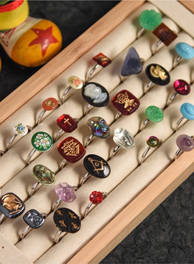 Vintage海外复古古董首饰宫廷风浮雕印章925银指环戒指集合老琉璃