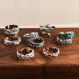 山川表明丽,湖海吞大荒。青绿色925纯银低温珐琅开口戒指指环轻奢