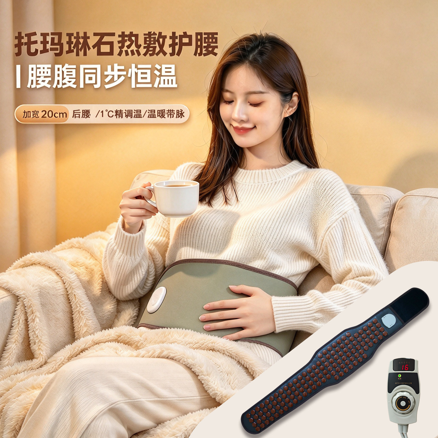 托玛琳加热护腰带光子腰椎全腰围赭石玉石热敷保暖电热腰腹带