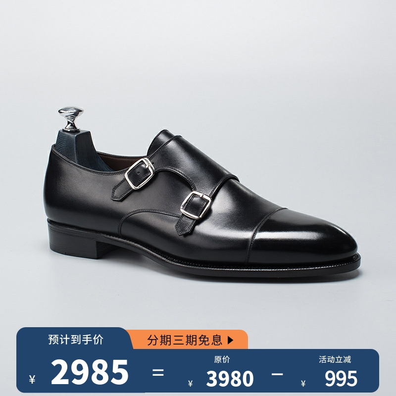 西班牙手工固特异黑色休闲皮鞋