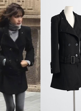 2025秋冬ranran同款黑色修身可拆卸下摆设计毛呢外套加厚