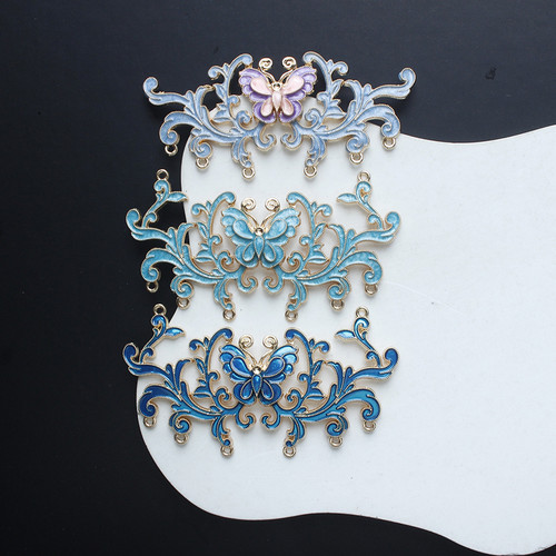 合金保色滴油镂空蝴蝶花枝吊坠手工diy发簪凤冠发饰流苏配件材料