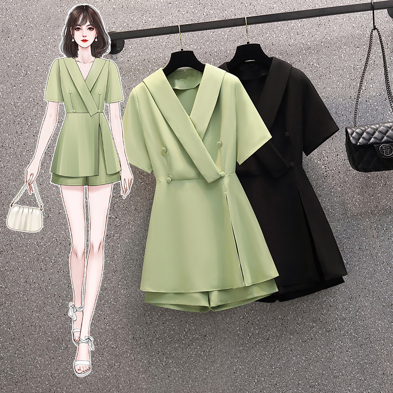 PF14945#大码女装胖mm夏装气质显瘦设计感开叉西装连衣裙短裤两件套装