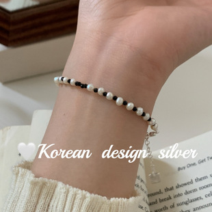 韩国设计高级感简约银饰品 925纯银 珍珠黑玛瑙手链叠戴百搭ins