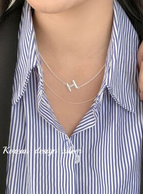 韩国ins风小众个性锁骨链 S925纯银字母H双层叠戴项链女款