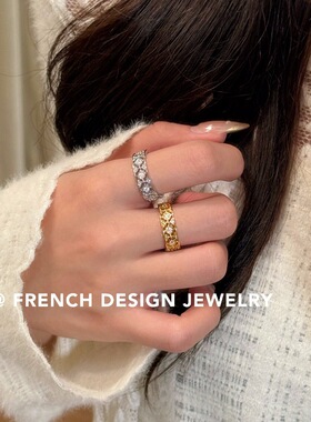 法式小众高级感指环S925纯银镂空锆石戒指复古优雅开口百搭食戒指