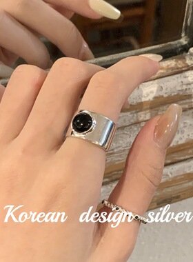 韩国东大门设计银饰 S925纯银圆形黑玛瑙宽版戒指 小众高级食指环