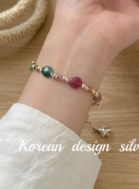 韩国ins风复古手工饰品 S925纯银泰银多巴酚彩色碧玺手链文艺清新