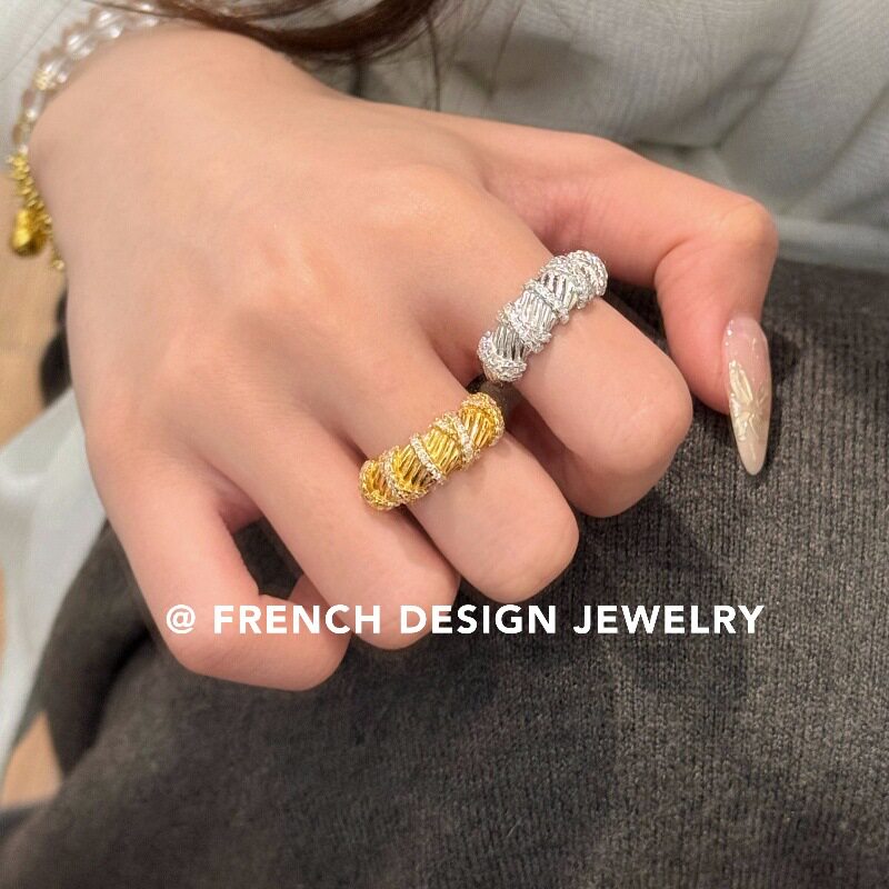 法式高级条纹麻花锆石开口可调节戒指S925纯银百搭精致款食指