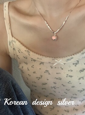 韩版ins风S925纯银项链 圆球方管滴胶心形奶油粉色锁骨链女高级感