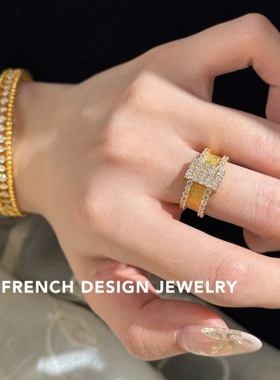 超闪轻奢高级感饰品S925纯银方形排钻戒指小众设计高贵优雅秋冬款