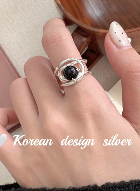 韩版ins简约小众级感指环 S925纯银线条缠绕黑玛瑙白玉髓戒指女