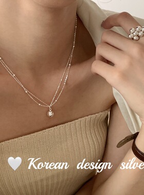 韩国东大门银饰品 S925纯银双层不规则圆珠项链 叠戴锁骨链女