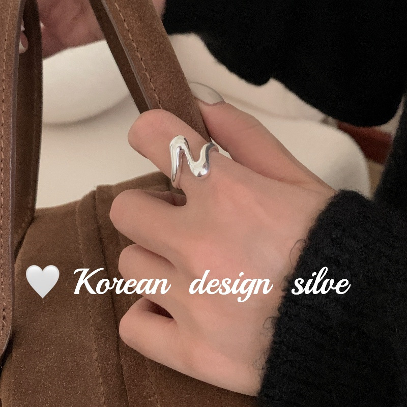 韩国ins风博主同款设计饰品 S925纯银柔美线条戒指叠戴开口指环女
