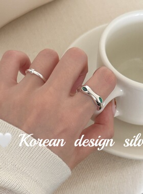 韩国小众设计高级感银饰品 S925纯银不规则绿锆石戒指开口女ins