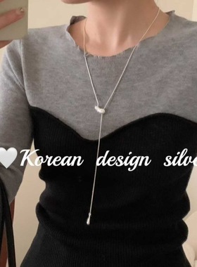 韩国ins小众简约饰品 S925纯银 肌理感椭圆可调节长款项链精致款