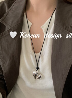 韩国亮银ins风简约小众设计 S925纯银重工爱心蜡绳项链长款毛衣