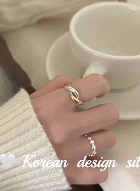 韩国ins风亮银饰品 S925纯银简约金色镂空扭扭戒指百搭叠戴指环女