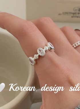 日系韩版ins风简约开口指环 S925纯银椭圆锆石珠珠拼接戒指高级