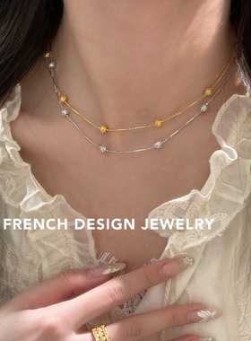 超美法式车花珠银条项链S925纯银锁骨链女优雅礼服配饰品精致