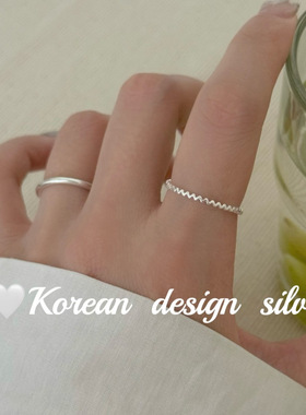 韩国亮银设计ins风小众耳饰S925纯银简约波浪线戒指 简约高级