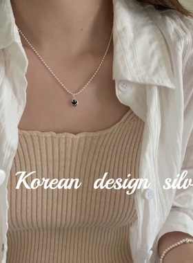 韩国设计亮银饰品 S925纯银黑色滴釉笑脸珠珠项链高级感叠戴ins风