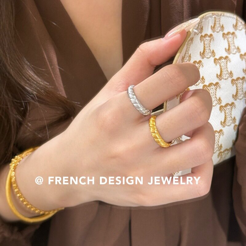 法式高级感布契风手工拉丝指环S925纯银麻花戒指开口叠戴百搭