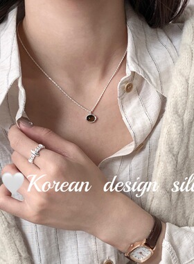 韩国ins风博主同款饰品 S925纯银椭圆黑玛瑙琥珀麻花项链小众