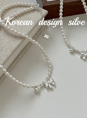 韩国ins风银饰品 S925纯银珍珠蝴蝶结珠珠项链小众高级感