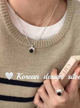 韩国设计亮银饰品 S925纯银熔岩肌理纹黑玛瑙项链高级感叠戴ins风