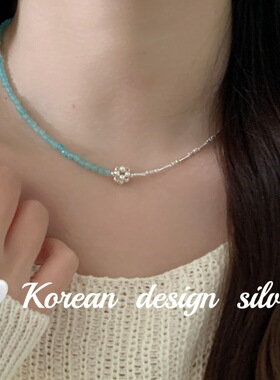 韩国手工S925纯银ab款切面海蓝宝葡萄竹节碎银子拼接项链女锁骨